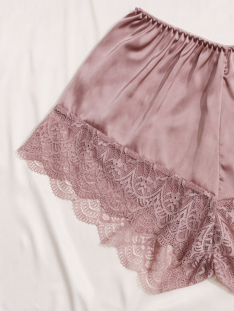 Contrast Lace Bow Detail Cami Pajama Set Adjustable Straps Sexy Sleepwear Nightwear For Women Comfortable Loungewear Night Outfit