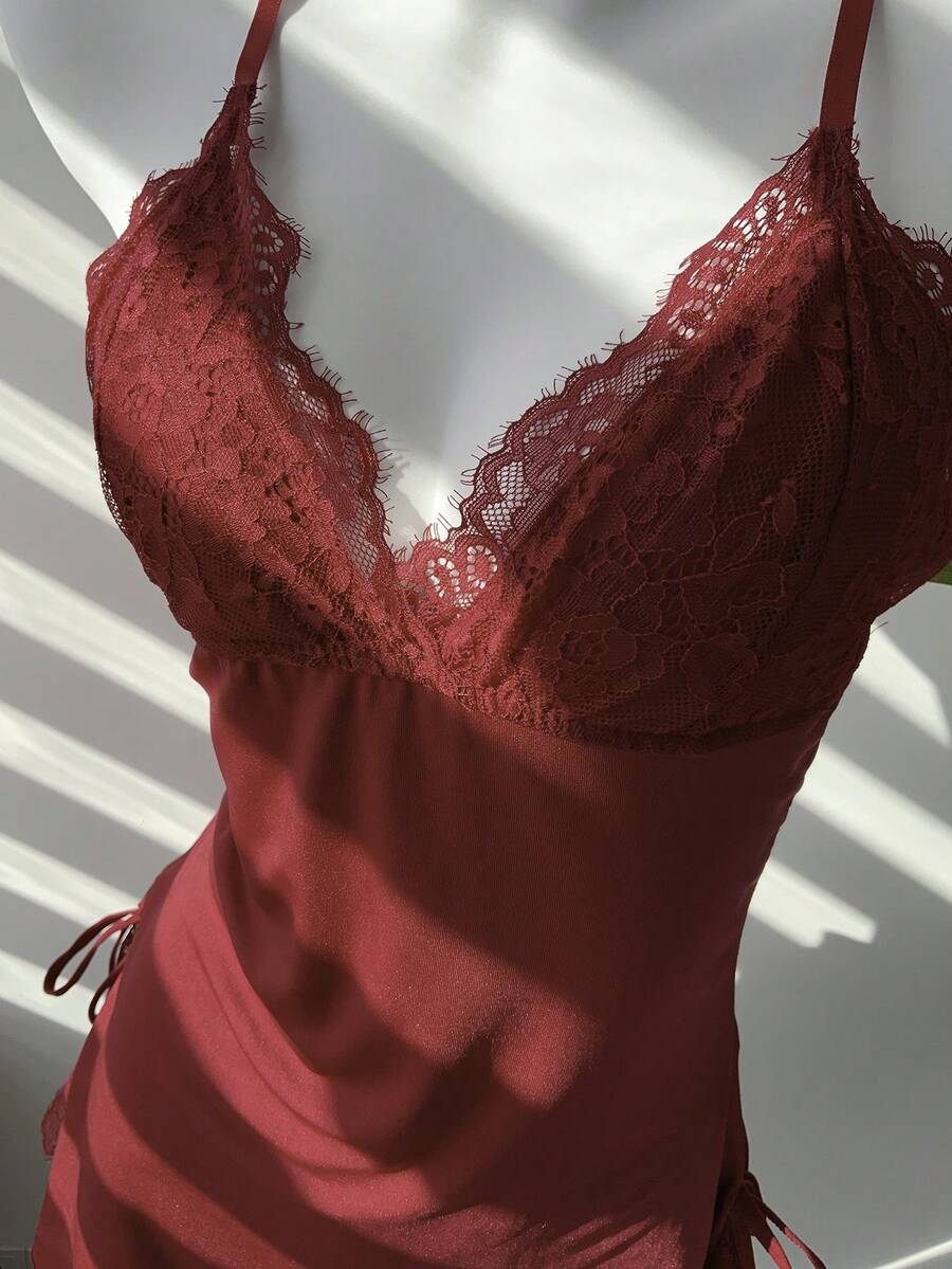 Sexy Bow Halter Nightdress Backless Lace Lingerie Deep V Sleepwear Floral Lace Contrast Slim Fit Slit Nightgown Bridal Honeymoon Pajamas