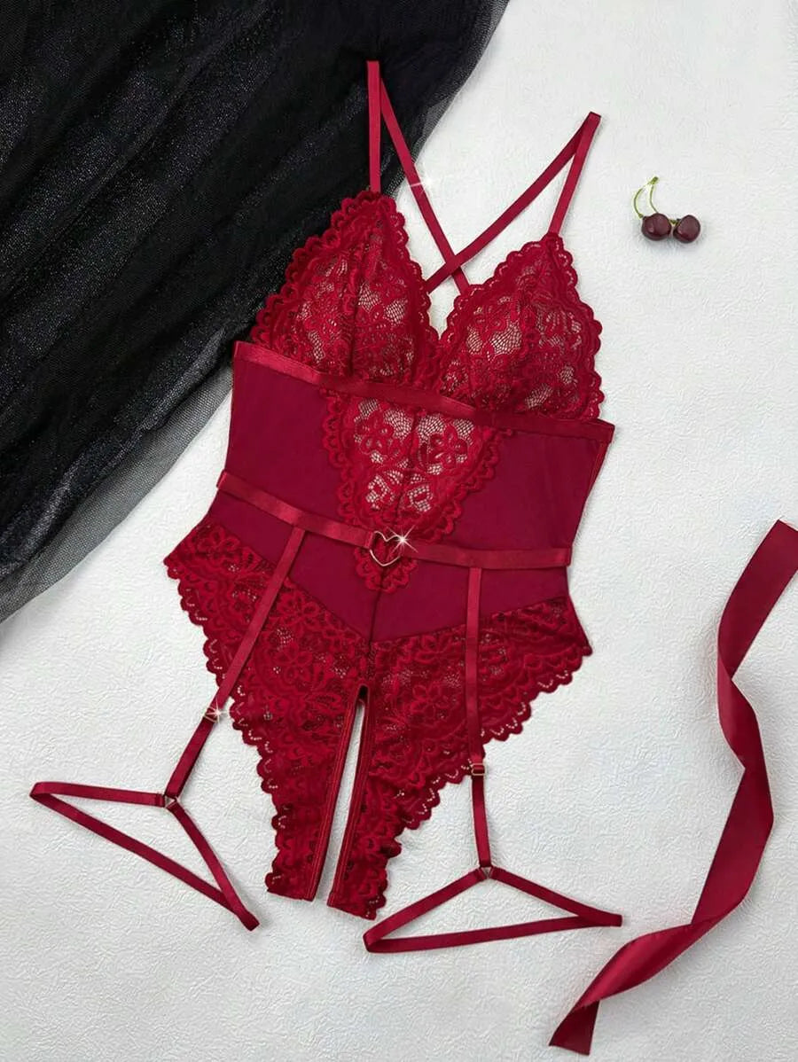 2pcs Women's Lace Sheer Lingerie Jumpsuit Set with Wireless Bra and Garterbelt, Sexy and Elegant Mesh Design, Comfortable Fit, Perfect for Romantic Evenings and Special Occasions