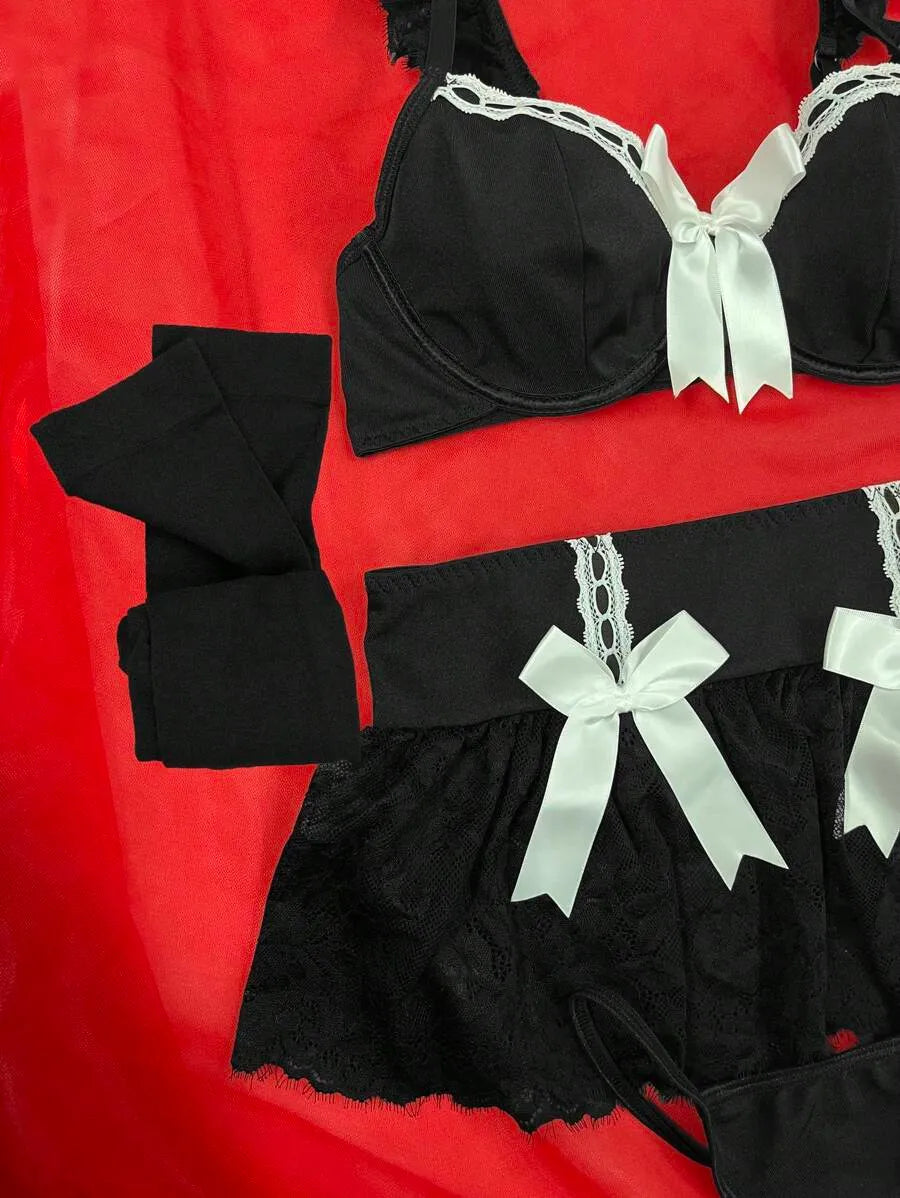 5pcs Baroque Inspired Dark Underwire Sexy Lingerie Set Featuring Crop Top, G-String, Ruffle Hem Skirt, and 2pcs Socks, Elegant Romantic Outfit Perfect for Valentine's Day and Special Occasions, Sophisticated and Alluring Design