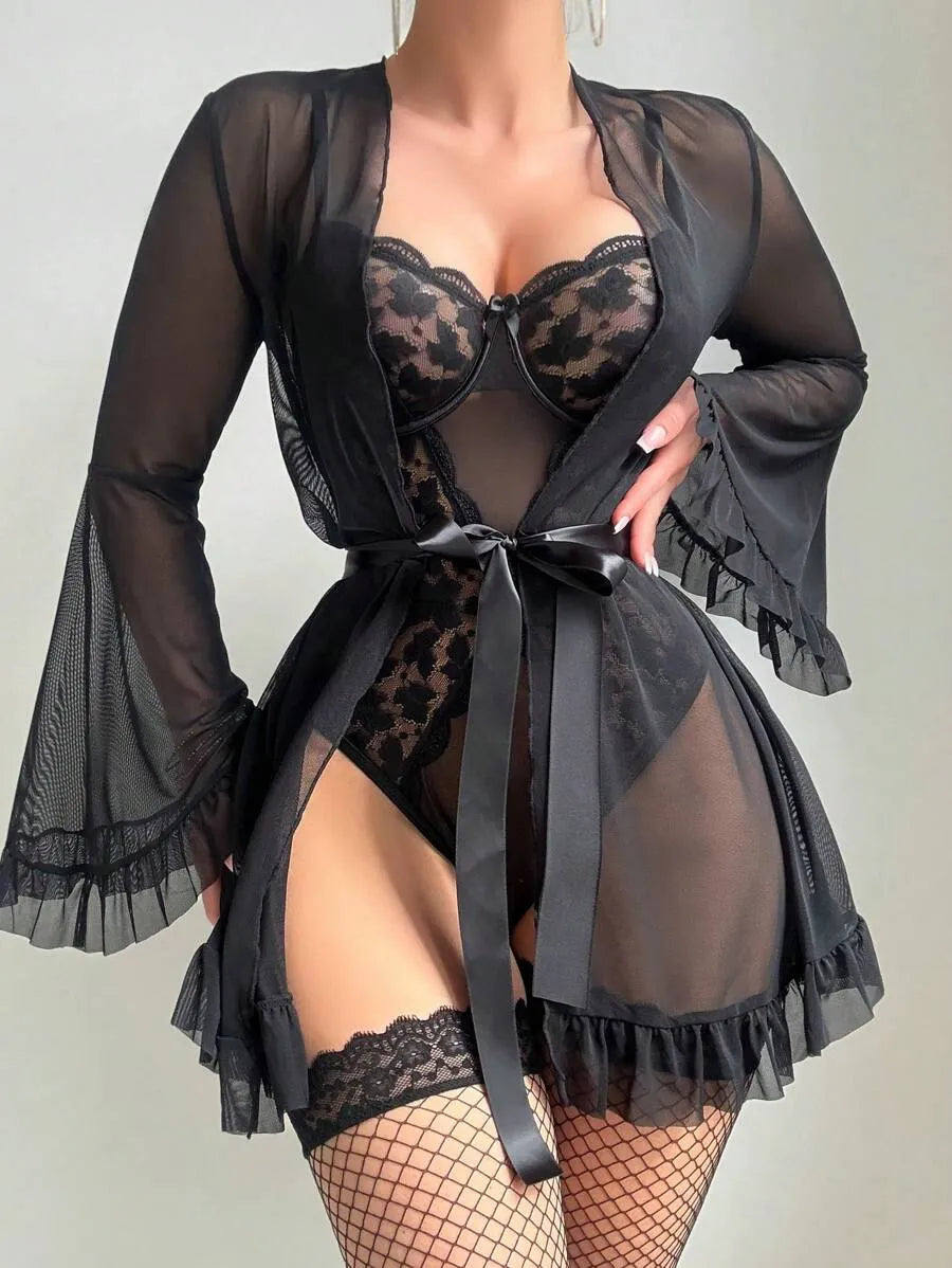 5pcs Women's Sexy Lingerie Set Featuring Slit Bodysuit, Sheer Robe, Waist Belt, and 1 Pair of Stockings, Elegant and Alluring Intimate Outfit Perfect for Romantic Nights and Special Occasions