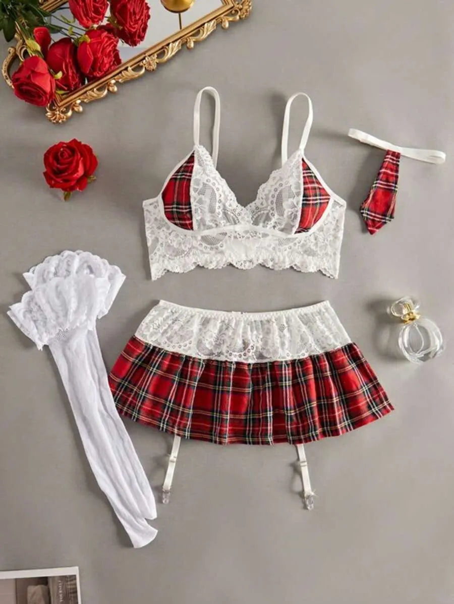 5pcs Women's College Style Cosplay Lingerie Set with Lace Splicing, Includes Sexy Cute Bra, Skirt, and Accessories, Perfect Dating Outfit or Valentine's Day Gift, Flirty and Cozy Intimate Wear for Girls