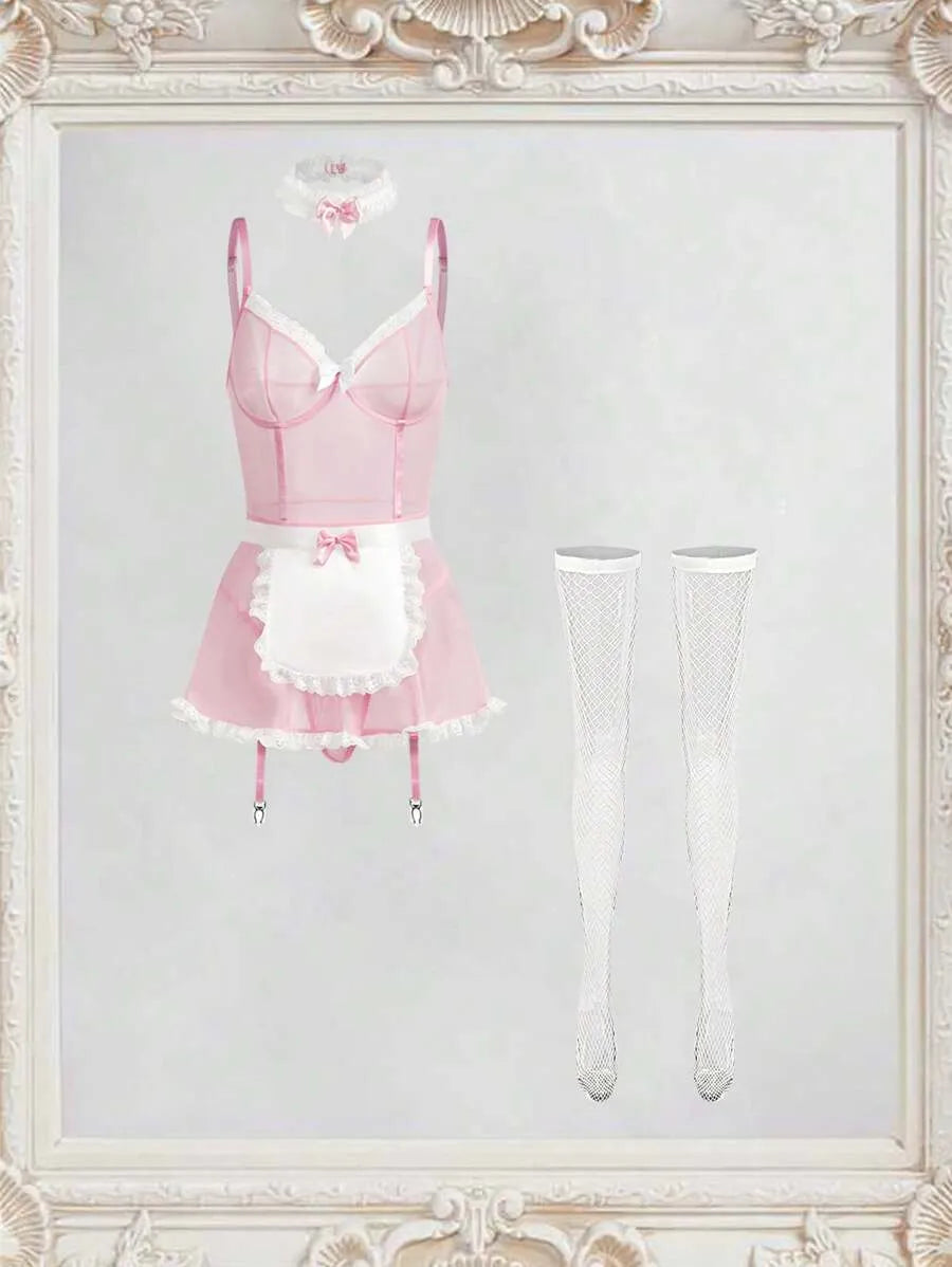 6pcs Women's Sexy Maid Fantasy Costume Set with Lace Net Dress, Stockings, and Accessories, Alluring Roleplay Outfit Perfect for Cosplay, Private Parties, and Romantic Nights, Playful and Flirty Design