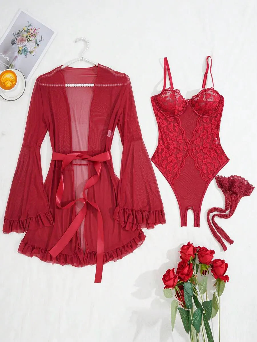 5pcs Women's Sexy Lingerie Set Featuring Slit Bodysuit, Sheer Robe, Waist Belt, and 1 Pair of Stockings, Elegant and Alluring Intimate Outfit Perfect for Romantic Nights and Special Occasions