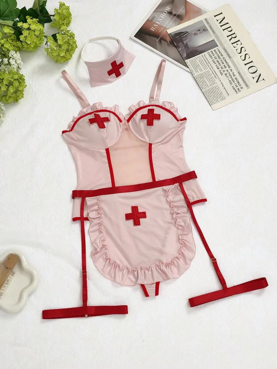 Women's Sexy Nurse Costume Set for Music Festivals and Role Play, Includes Red & White Contrast Jumpsuit, Apron, and Headband, Flirty and Fun Lingerie Outfit Perfect for Parties and Intimate Nights