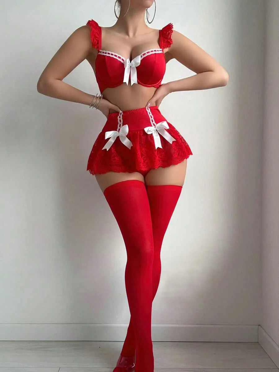 5pcs Baroque Inspired Dark Underwire Sexy Lingerie Set Featuring Crop Top, G-String, Ruffle Hem Skirt, and 2pcs Socks, Elegant Romantic Outfit Perfect for Valentine's Day and Special Occasions, Sophisticated and Alluring Design
