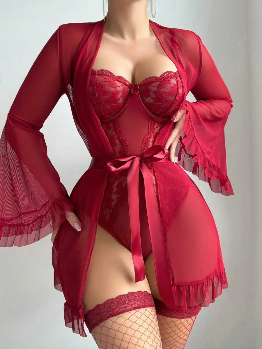 5pcs Women's Sexy Lingerie Set Featuring Slit Bodysuit, Sheer Robe, Waist Belt, and 1 Pair of Stockings, Elegant and Alluring Intimate Outfit Perfect for Romantic Nights and Special Occasions