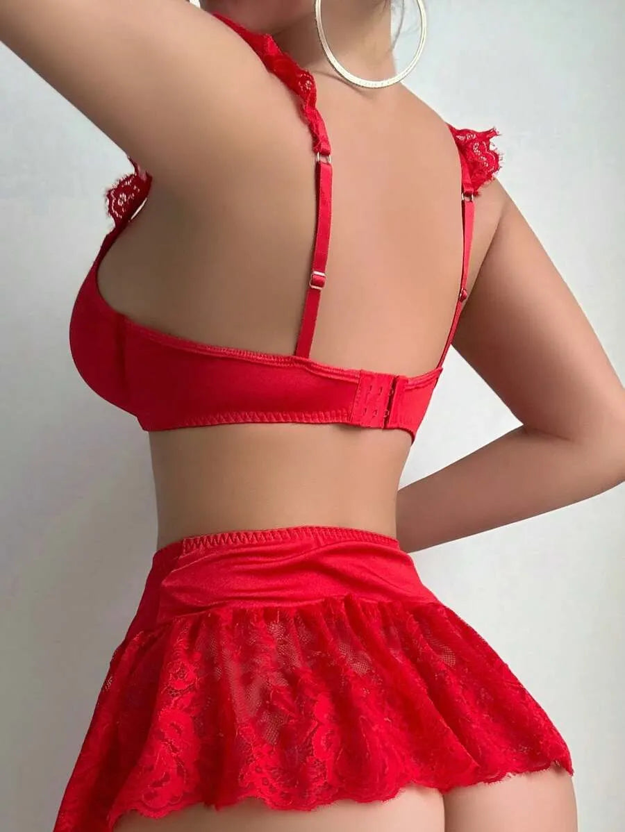 5pcs Baroque Inspired Dark Underwire Sexy Lingerie Set Featuring Crop Top, G-String, Ruffle Hem Skirt, and 2pcs Socks, Elegant Romantic Outfit Perfect for Valentine's Day and Special Occasions, Sophisticated and Alluring Design