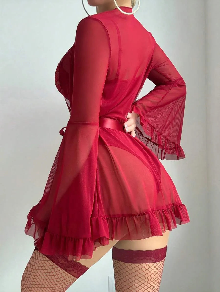 5pcs Women's Sexy Lingerie Set Featuring Slit Bodysuit, Sheer Robe, Waist Belt, and 1 Pair of Stockings, Elegant and Alluring Intimate Outfit Perfect for Romantic Nights and Special Occasions