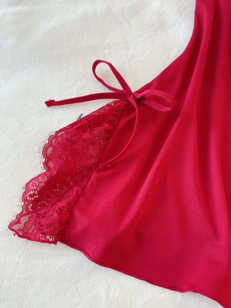 Sexy Bow Halter Nightdress Backless Lace Lingerie Deep V Sleepwear Floral Lace Contrast Slim Fit Slit Nightgown Bridal Honeymoon Pajamas