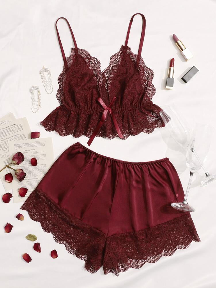Contrast Lace Bow Detail Cami Pajama Set Adjustable Straps Sexy Sleepwear Nightwear For Women Comfortable Loungewear Night Outfit