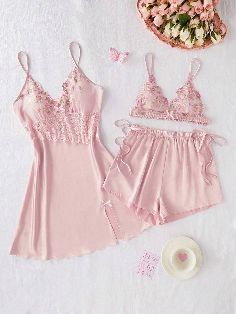 3pcs Mesh Lace Embroidery Pajama Set Sexy V Neck Faux Silk Semi Sheer Lingerie Sleepwear For Women Nightwear Homewear Night Outfits
