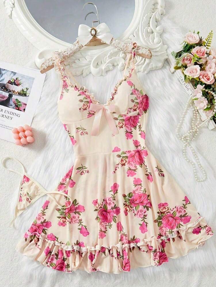 2pcs Sexy Lingerie Sleepwear Set With Thong Panty Ruffled Hemline Adjustable Straps Floral Pattern Nightwear Pajama Dress For Women