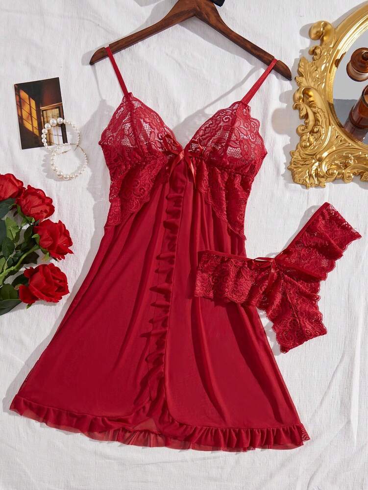 Red Sexy Lingerie Set For Women Lace Splicing V Neck Babydoll Erotic Sleepwear Sexy Pajamas Dress Fantasy Costume Nightwear Outfit