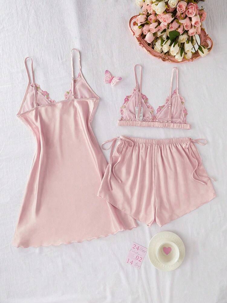 3pcs Mesh Lace Embroidery Pajama Set Sexy V Neck Faux Silk Semi Sheer Lingerie Sleepwear For Women Nightwear Homewear Night Outfits