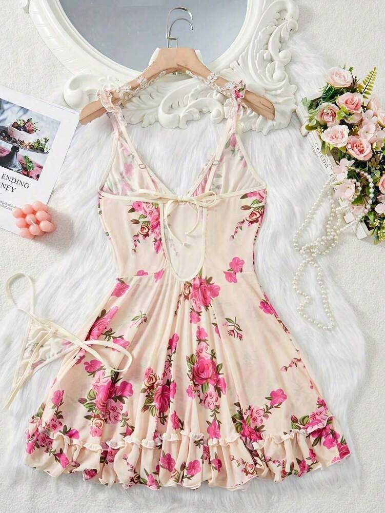 2pcs Sexy Lingerie Sleepwear Set With Thong Panty Ruffled Hemline Adjustable Straps Floral Pattern Nightwear Pajama Dress For Women