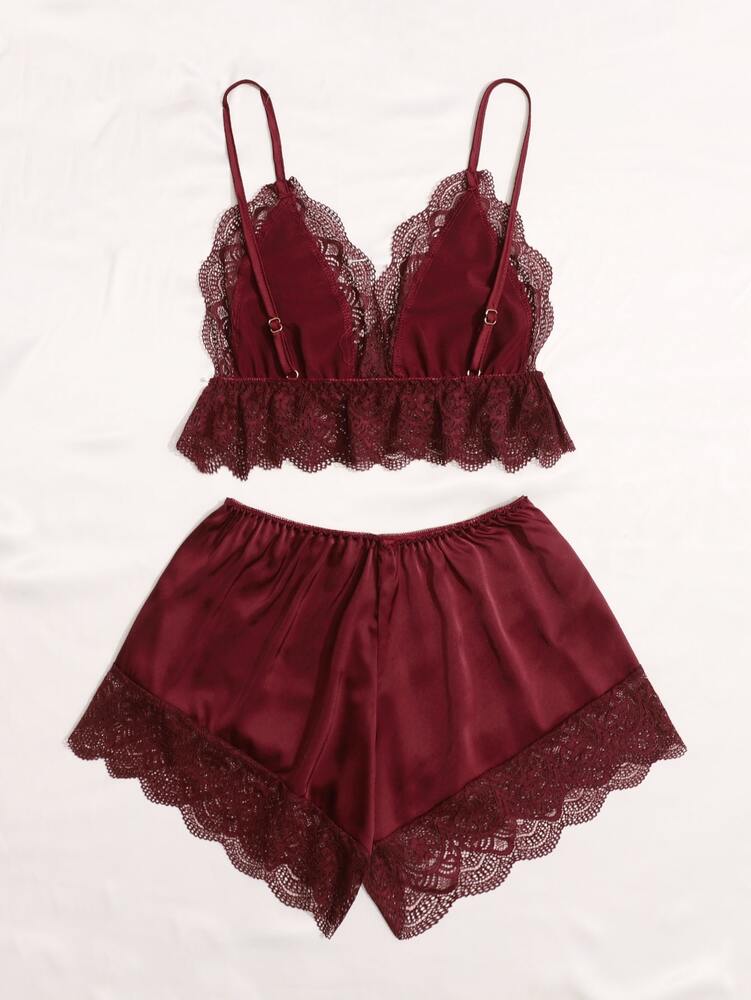 Contrast Lace Bow Detail Cami Pajama Set Adjustable Straps Sexy Sleepwear Nightwear For Women Comfortable Loungewear Night Outfit