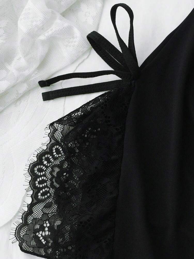 Sexy Bow Halter Nightdress Backless Lace Lingerie Deep V Sleepwear Floral Lace Contrast Slim Fit Slit Nightgown Bridal Honeymoon Pajamas