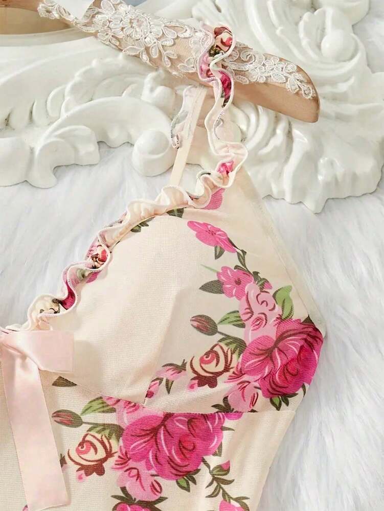 2pcs Sexy Lingerie Sleepwear Set With Thong Panty Ruffled Hemline Adjustable Straps Floral Pattern Nightwear Pajama Dress For Women