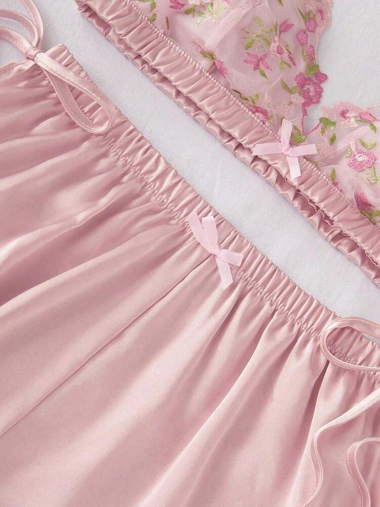3pcs Mesh Lace Embroidery Pajama Set Sexy V Neck Faux Silk Semi Sheer Lingerie Sleepwear For Women Nightwear Homewear Night Outfits