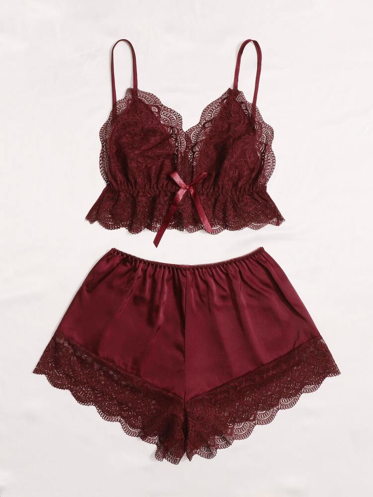 Contrast Lace Bow Detail Cami Pajama Set Adjustable Straps Sexy Sleepwear Nightwear For Women Comfortable Loungewear Night Outfit