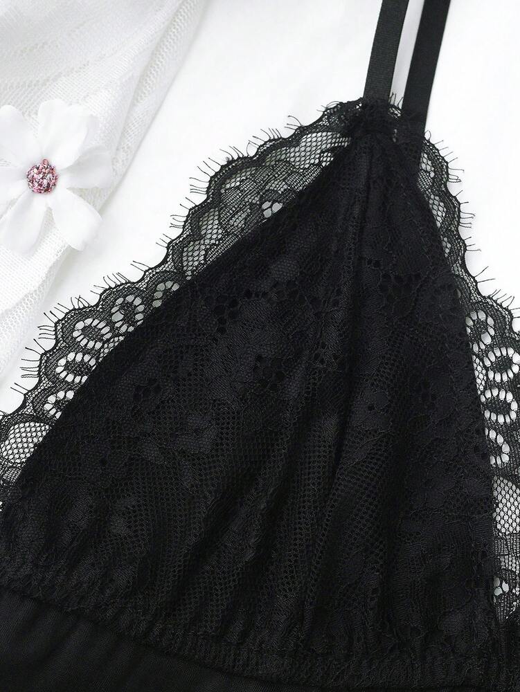 Sexy Bow Halter Nightdress Backless Lace Lingerie Deep V Sleepwear Floral Lace Contrast Slim Fit Slit Nightgown Bridal Honeymoon Pajamas