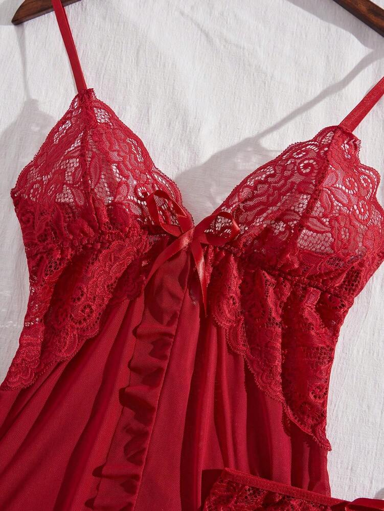 Red Sexy Lingerie Set For Women Lace Splicing V Neck Babydoll Erotic Sleepwear Sexy Pajamas Dress Fantasy Costume Nightwear Outfit