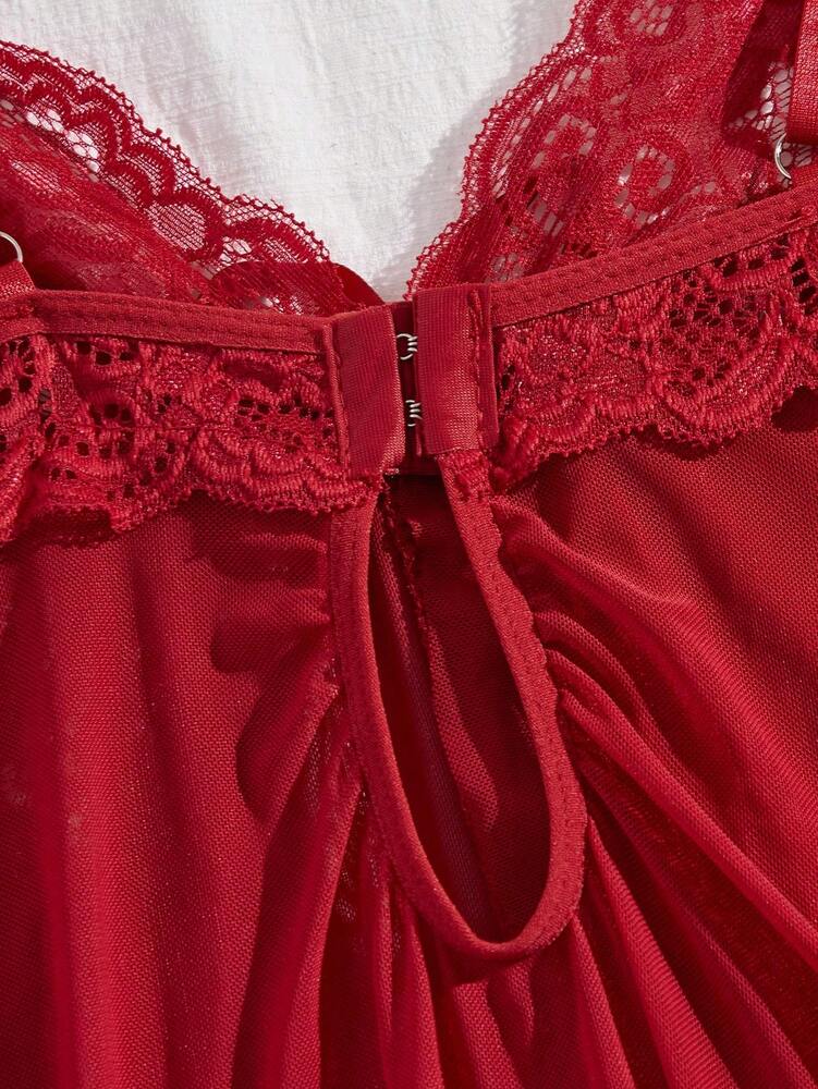 Red Sexy Lingerie Set For Women Lace Splicing V Neck Babydoll Erotic Sleepwear Sexy Pajamas Dress Fantasy Costume Nightwear Outfit