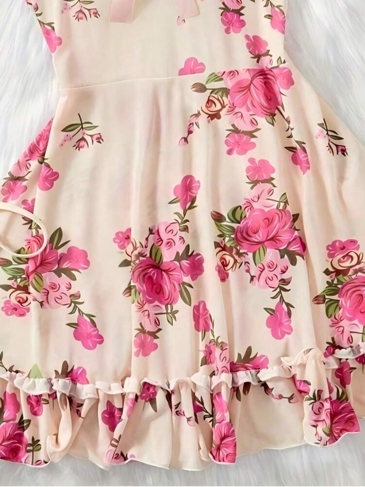 2pcs Sexy Lingerie Sleepwear Set With Thong Panty Ruffled Hemline Adjustable Straps Floral Pattern Nightwear Pajama Dress For Women