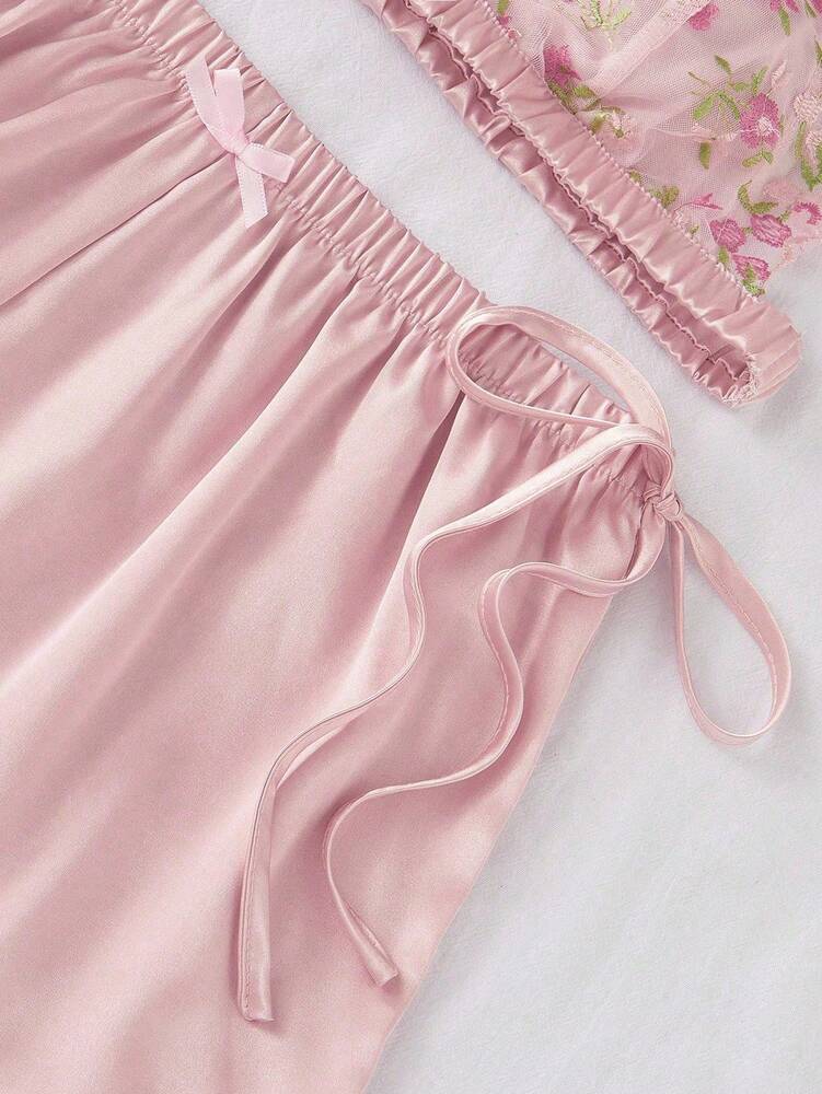 3pcs Mesh Lace Embroidery Pajama Set Sexy V Neck Faux Silk Semi Sheer Lingerie Sleepwear For Women Nightwear Homewear Night Outfits