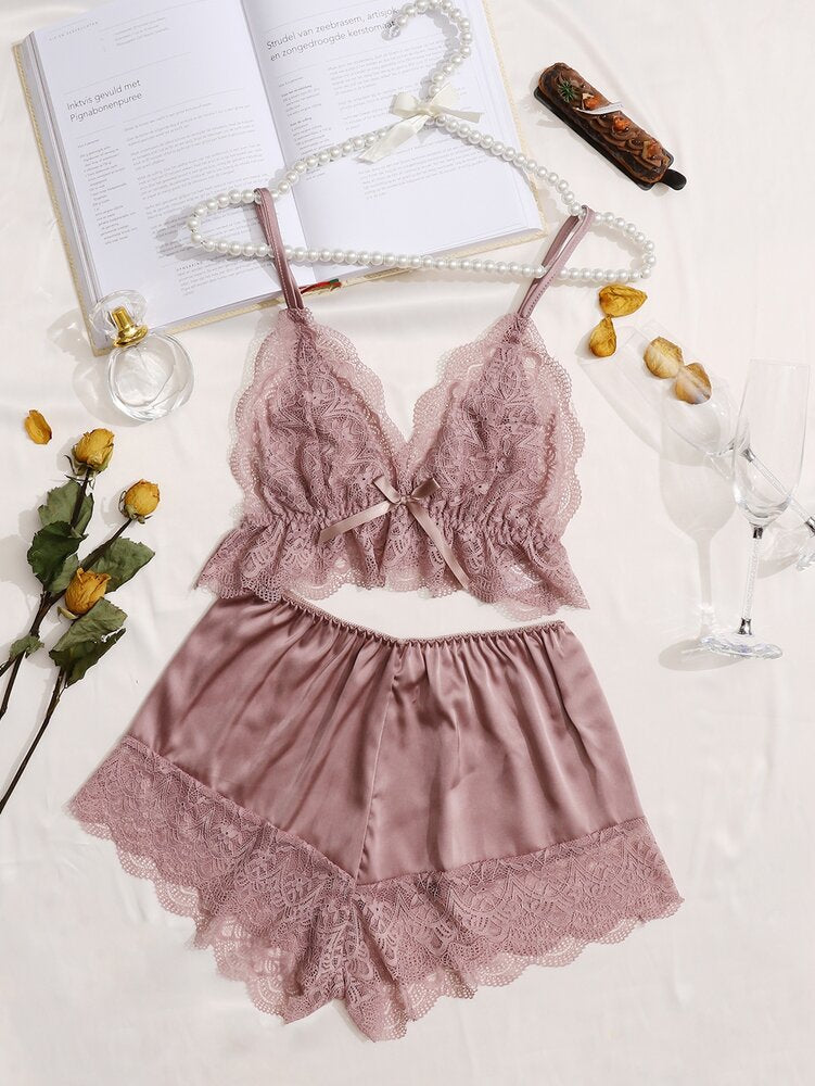 Contrast Lace Bow Detail Cami Pajama Set Adjustable Straps Sexy Sleepwear Nightwear For Women Comfortable Loungewear Night Outfit