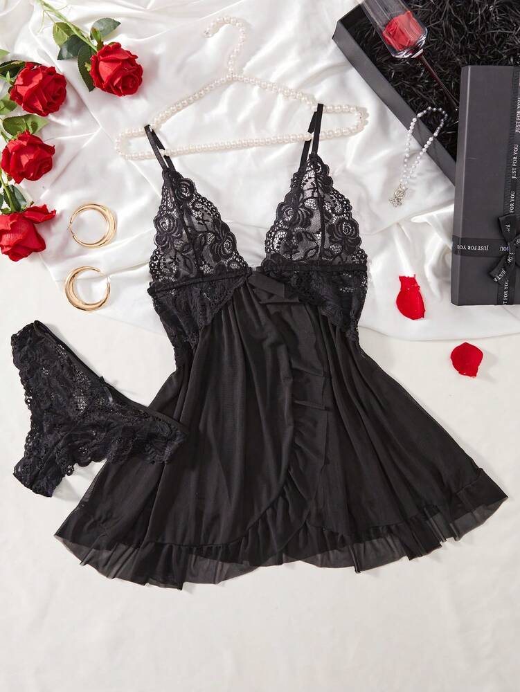 Seductive Lace Lingerie Nightdress With Panties Erotic Pajama Set Sexy Sleepwear Nightwear For Women Honeymoon Anniversary Gift
