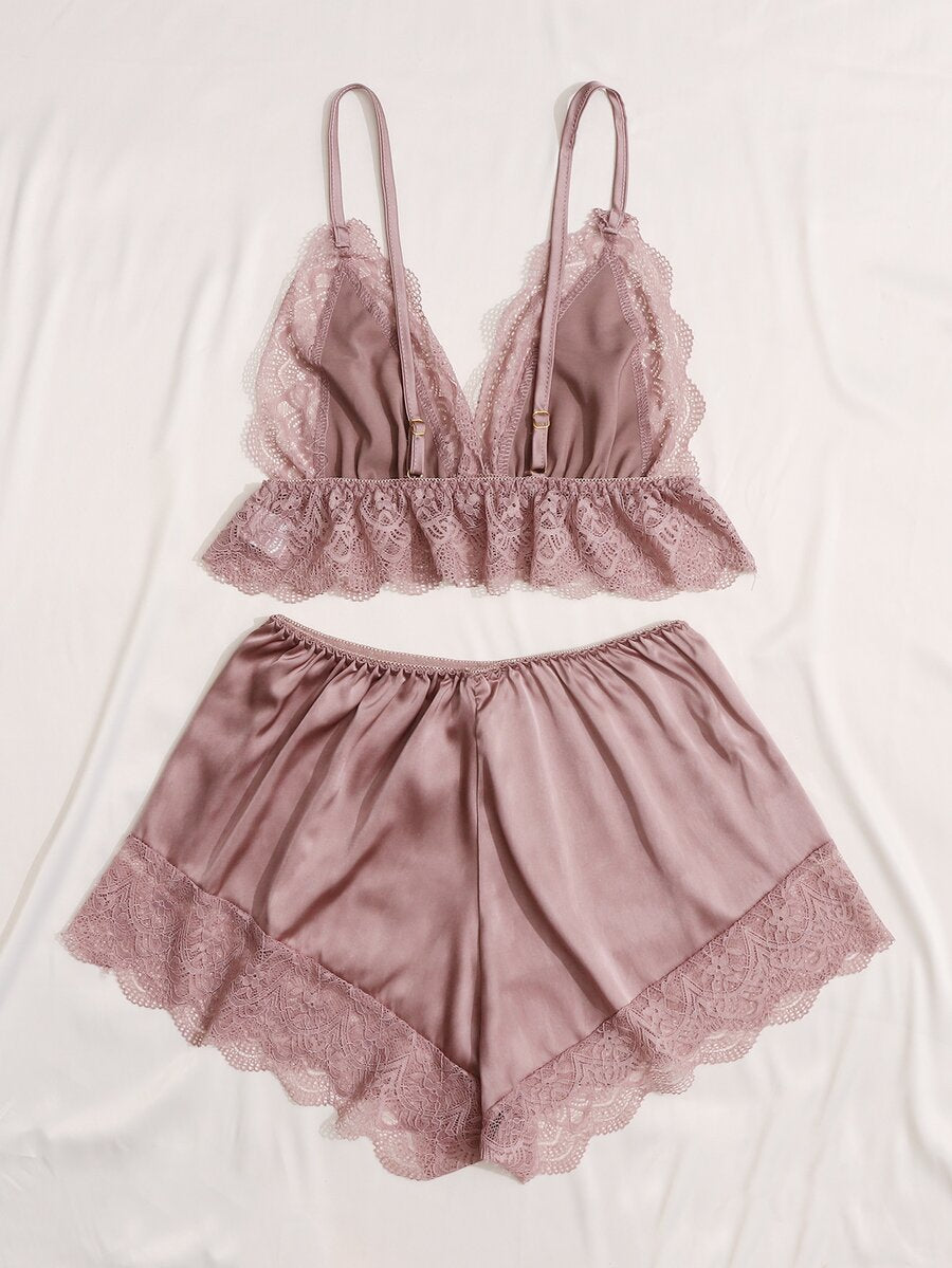 Contrast Lace Bow Detail Cami Pajama Set Adjustable Straps Sexy Sleepwear Nightwear For Women Comfortable Loungewear Night Outfit