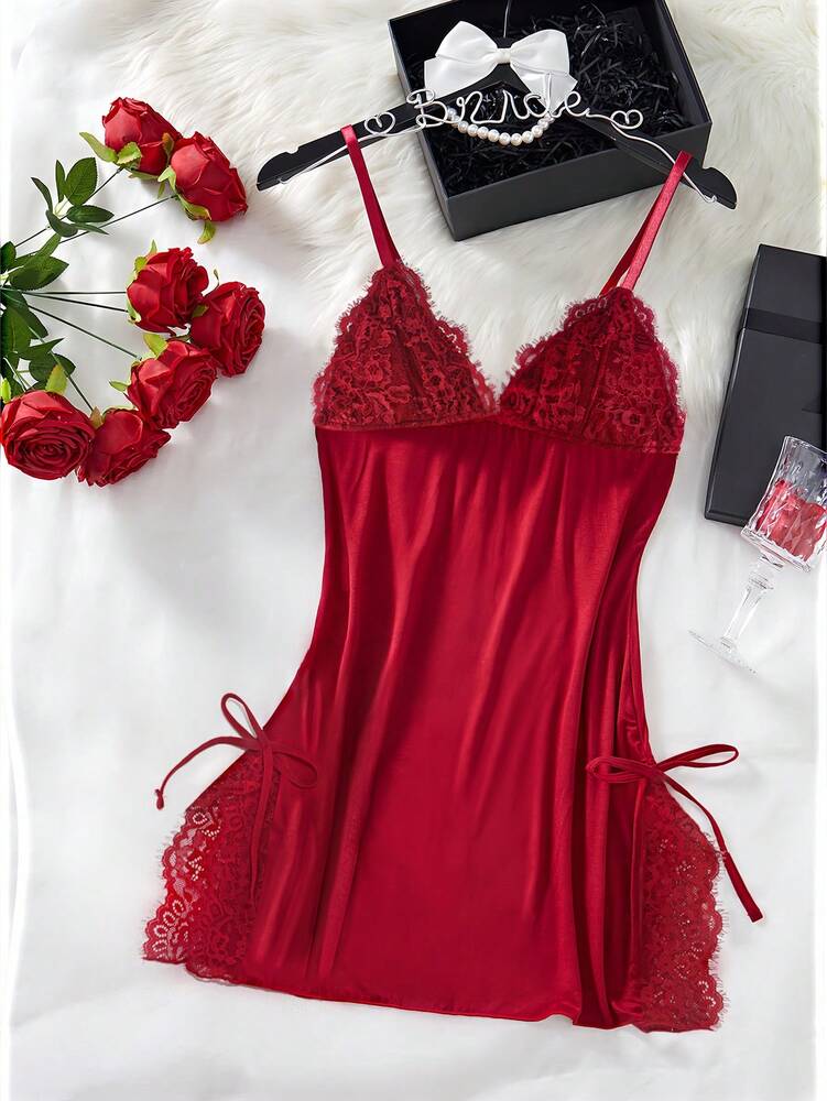 Sexy Bow Halter Nightdress Backless Lace Lingerie Deep V Sleepwear Floral Lace Contrast Slim Fit Slit Nightgown Bridal Honeymoon Pajamas