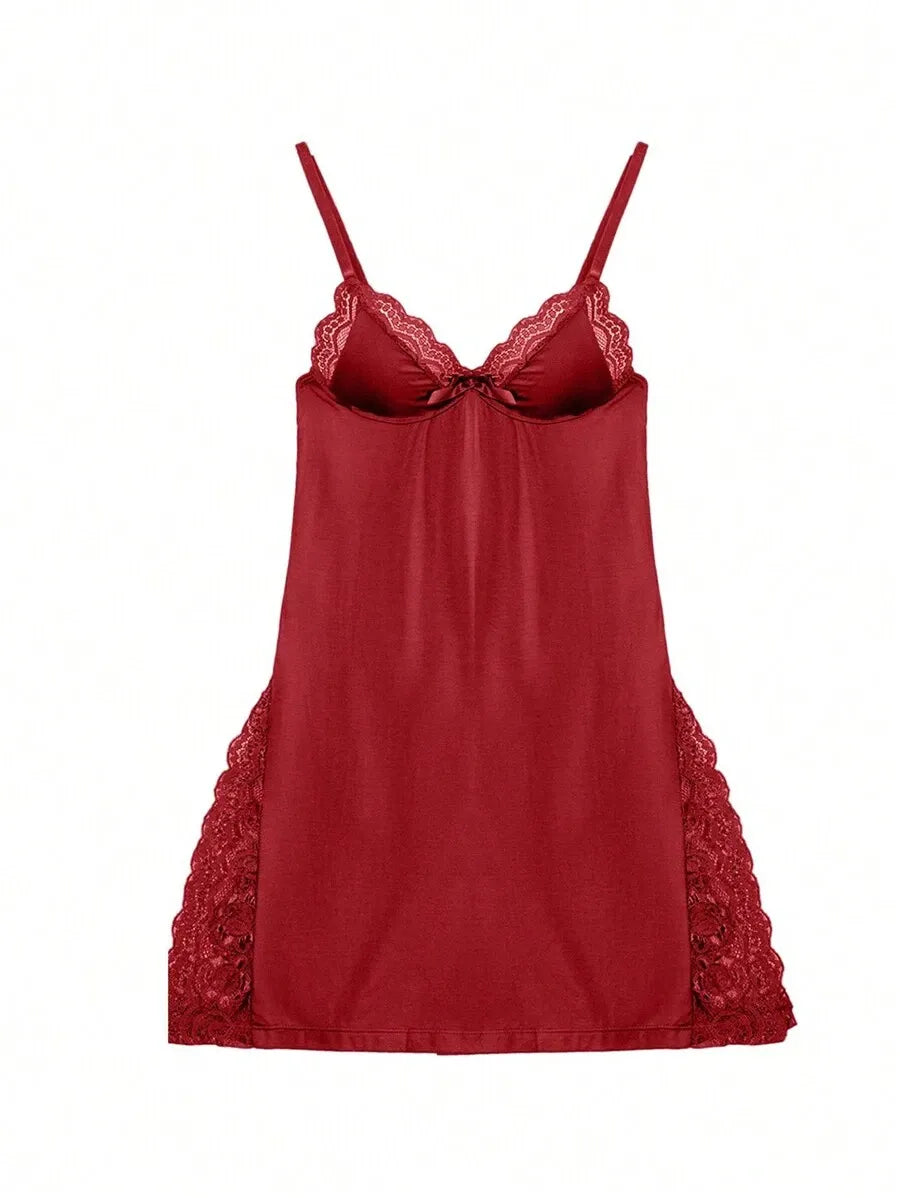 1pc Sexy Lace Trimmed Milk Silk Nightgown, Soft and Comfortable Lingerie Sleepwear, Elegant and Breathable Nightdress with Delicate Lace Details, Perfect for Cozy Nights and Romantic Evenings