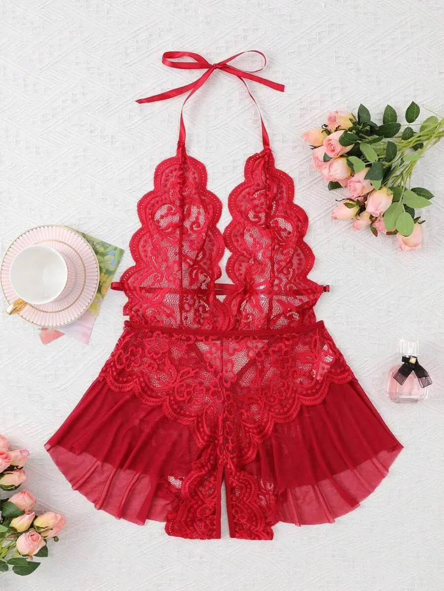 Women's Open Crotch Lace Backless Halter Neck Sexy Bodysuit with Ruffle Trim, Sheer Lace Design, Elegant and Alluring One-Piece Lingerie for Romantic Nights, Comfortable Fit and Trendy Style