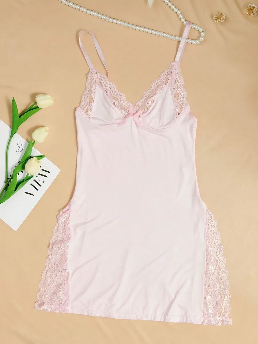 1pc Sexy Lace Trimmed Milk Silk Nightgown, Soft and Comfortable Lingerie Sleepwear, Elegant and Breathable Nightdress with Delicate Lace Details, Perfect for Cozy Nights and Romantic Evenings