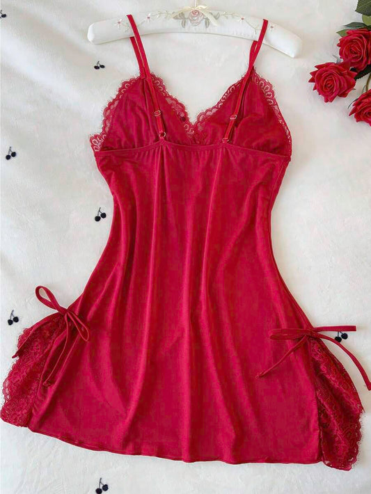 Sexy Bow Halter Nightdress Backless Lace Lingerie Deep V Sleepwear Floral Lace Contrast Slim Fit Slit Nightgown Bridal Honeymoon Pajamas