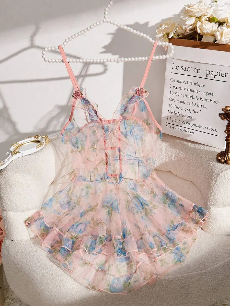 1pc Women's Printed Mesh Sexy Lingerie Dress, Sheer and Elegant Design Perfect for Wedding Season and Special Romantic Occasions, Comfortable Fit with Delicate Mesh Fabric, Stylish and Alluring Nightwear