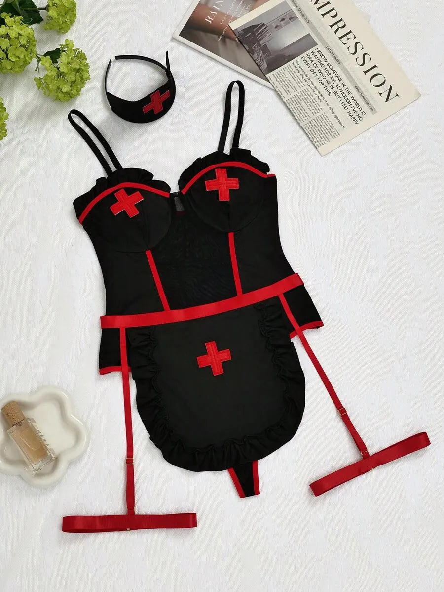 Women's Sexy Nurse Costume Set for Music Festivals and Role Play, Includes Red & White Contrast Jumpsuit, Apron, and Headband, Flirty and Fun Lingerie Outfit Perfect for Parties and Intimate Nights