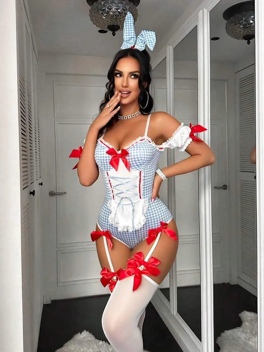 Women's Fantasy Bunny Costume Set with Plaid Bow Bodysuit, Thigh High Socks, and Bunny Ears Headband, Sexy and Playful Outfit Perfect for Cosplay, Parties, and Roleplay, Cute Bow Tie Detail for Flirty Vibes