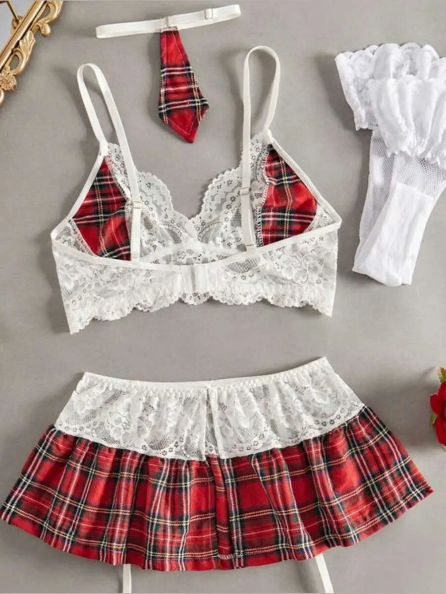 5pcs Women's College Style Cosplay Lingerie Set with Lace Splicing, Includes Sexy Cute Bra, Skirt, and Accessories, Perfect Dating Outfit or Valentine's Day Gift, Flirty and Cozy Intimate Wear for Girls