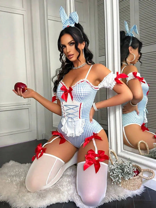 Women's Fantasy Bunny Costume Set with Plaid Bow Bodysuit, Thigh High Socks, and Bunny Ears Headband, Sexy and Playful Outfit Perfect for Cosplay, Parties, and Roleplay, Cute Bow Tie Detail for Flirty Vibes