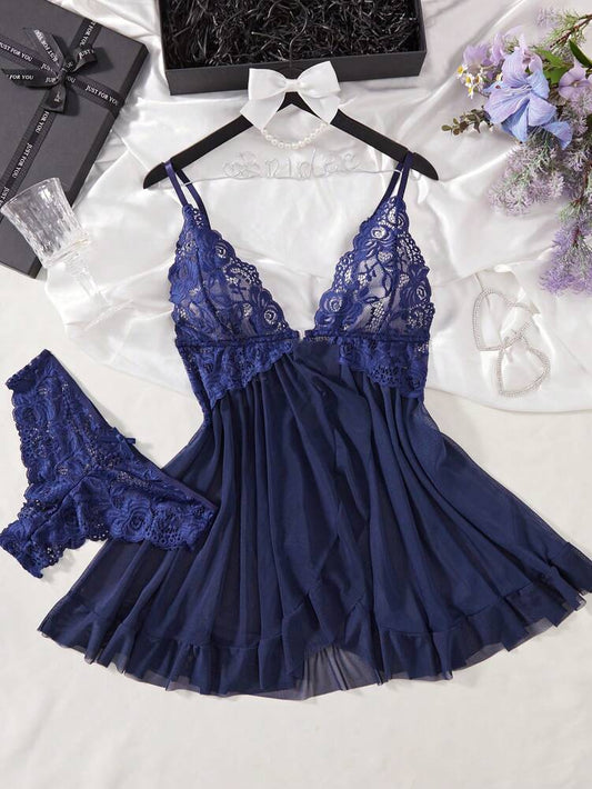 Seductive Lace Lingerie Nightdress With Panties Erotic Pajama Set Sexy Sleepwear Nightwear For Women Honeymoon Anniversary Gift