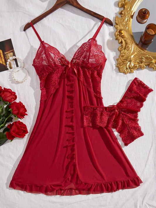Red Sexy Lingerie Set For Women Lace Splicing V Neck Babydoll Erotic Sleepwear Sexy Pajamas Dress Fantasy Costume Nightwear Outfit