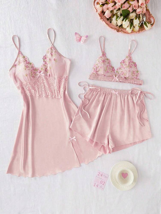3pcs Mesh Lace Embroidery Pajama Set Sexy V Neck Faux Silk Semi Sheer Lingerie Sleepwear For Women Nightwear Homewear Night Outfits