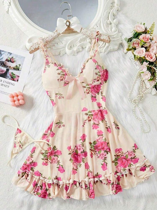 2pcs Sexy Lingerie Sleepwear Set With Thong Panty Ruffled Hemline Adjustable Straps Floral Pattern Nightwear Pajama Dress For Women