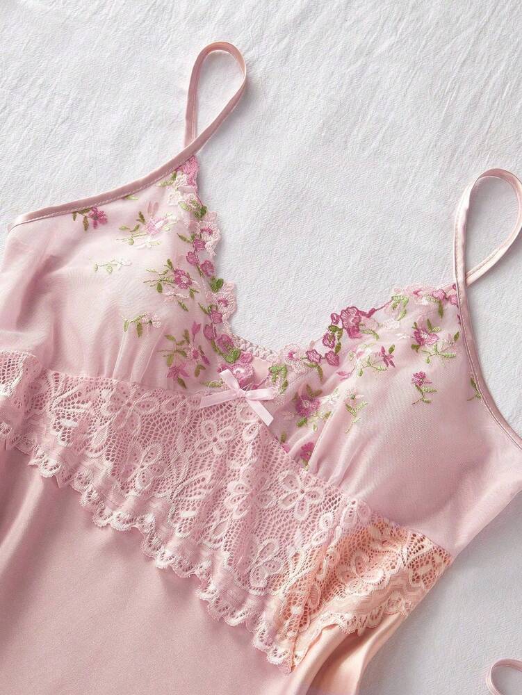 3pcs Mesh Lace Embroidery Pajama Set Sexy V Neck Faux Silk Semi Sheer Lingerie Sleepwear For Women Nightwear Homewear Night Outfits