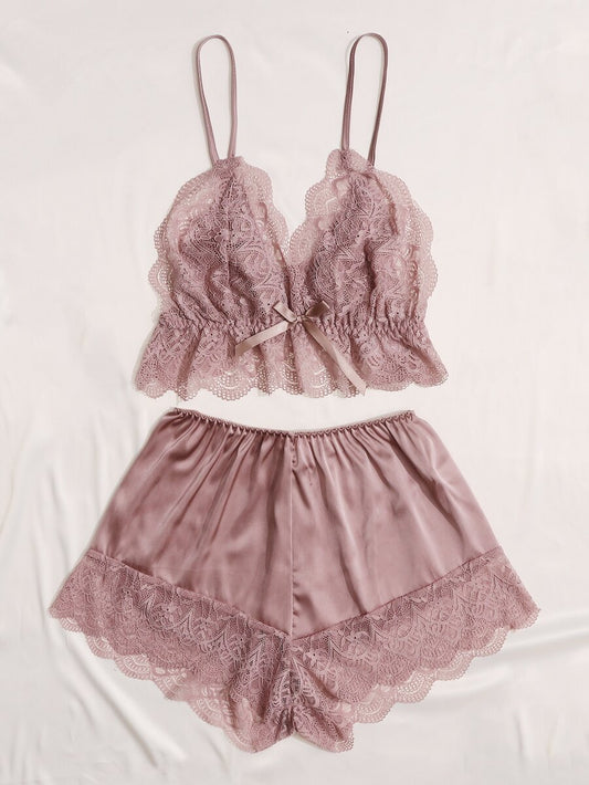 Contrast Lace Bow Detail Cami Pajama Set Adjustable Straps Sexy Sleepwear Nightwear For Women Comfortable Loungewear Night Outfit