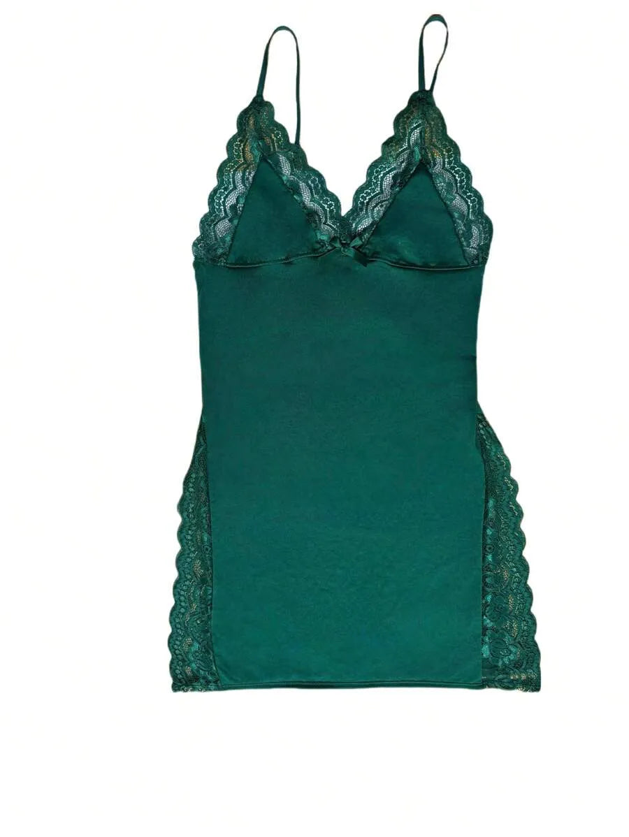 1pc Sexy Lace Trimmed Milk Silk Nightgown, Soft and Comfortable Lingerie Sleepwear, Elegant and Breathable Nightdress with Delicate Lace Details, Perfect for Cozy Nights and Romantic Evenings